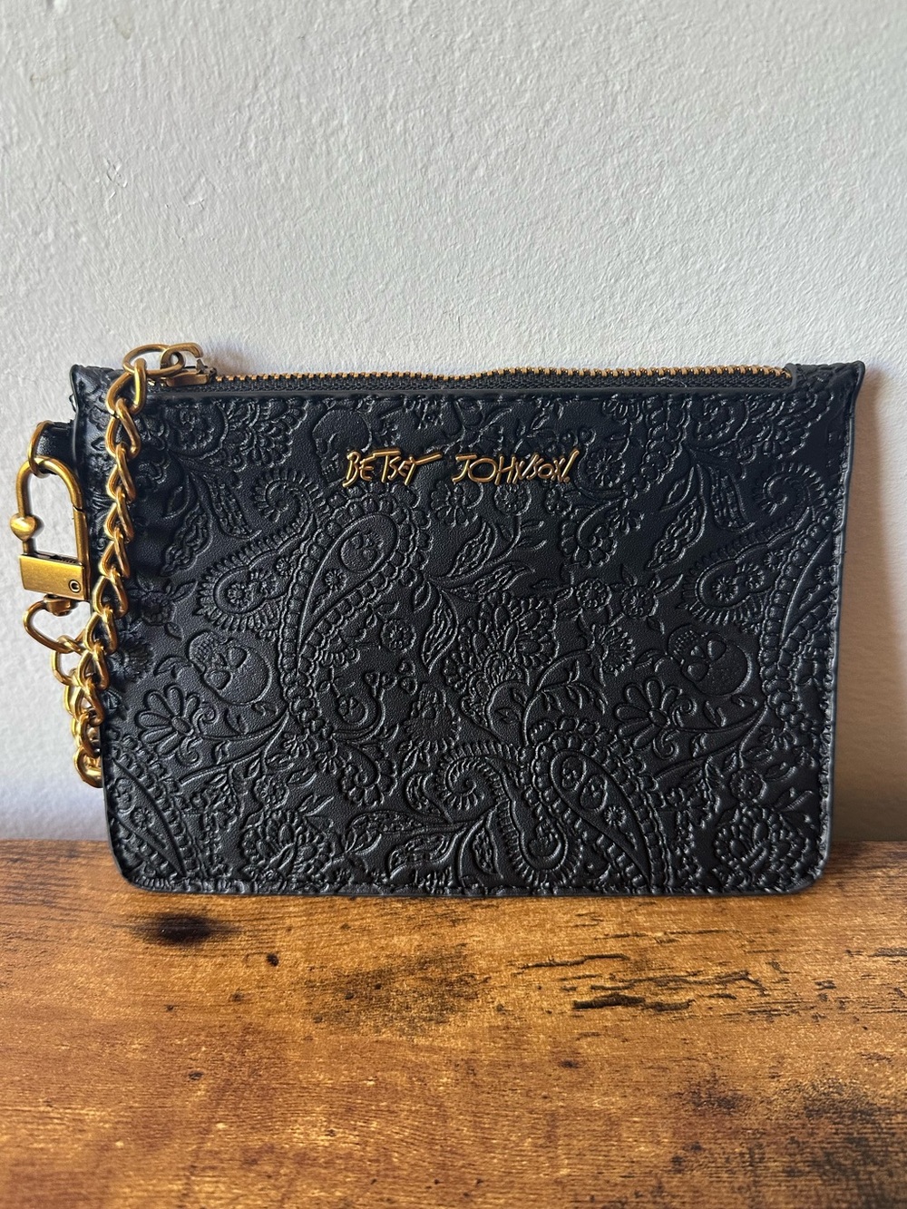 Betsey Johnson Black Paisley Embossed Wristlet Pouch with Gold Hardware NWOT